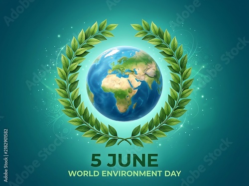 Celebrate world environment day with a globe surrounded by green leaves illustration