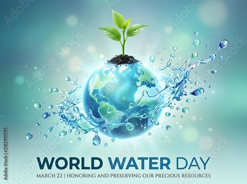 Celebrate world water day with a small plant growing on earth surrounded by water splashes