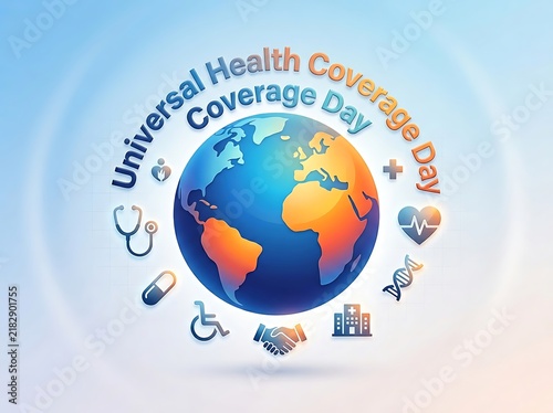 Colorful universal health coverage day illustration with globe and medical icons celebrating global healthcare awareness