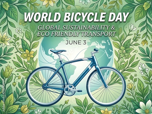 Colorful world bicycle day poster with global sustainability and ecofriendly transport theme illustration