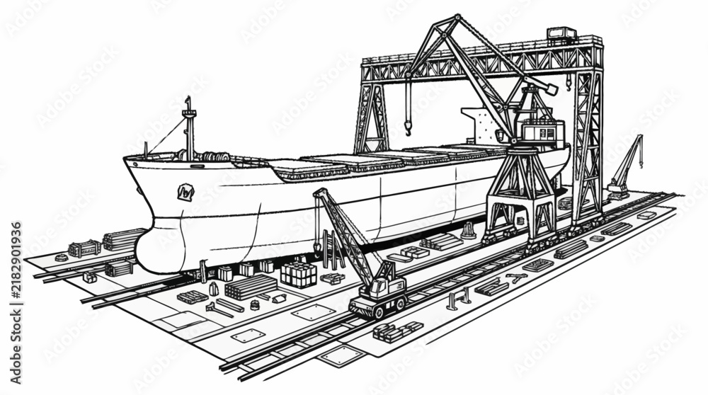 Fototapeta premium Modern Black and White of Cargo Ship Loading at Industrial Port with Cranes and Equipment with high quality professional line art symbols for modern creative design and digital branding projects