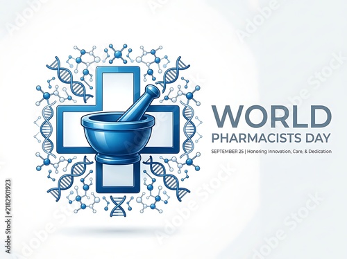 Creative world pharmacists day celebration design with mortar and dna strands illustration