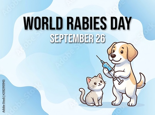 Cute cartoon dog and cat celebrating world rabies day with syringe illustration for awareness campaign
