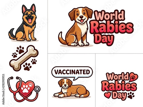 Cute cartoon dogs celebrating world rabies day with vaccination and medical icons illustration