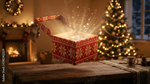 Magical christmas gift box opening with glowing light sparkles in a warm cozy living room