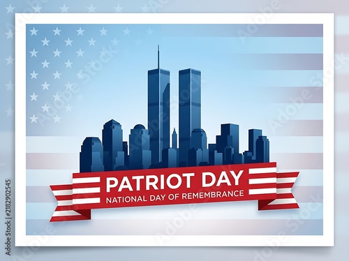 Patriot day remembrance illustration with city skyline and american flag theme design