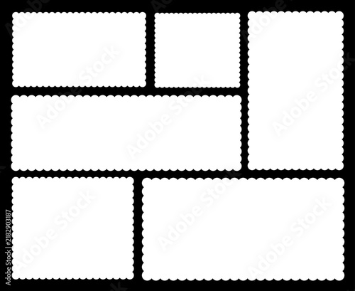 Postcards, letters backdrop, empty borders. Postage stamp frames. Rectangular blank vintage stamps. Coupons, label, tags, boxes with wiggly or wavy perforated edges.