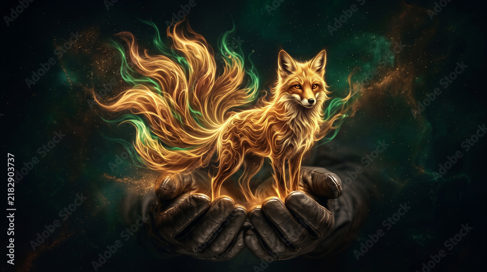 Fototapeta premium Digital illustration of a glowing fox made of golden flames standing in cupped hands, cosmic nebula background. Fantasy art, magical concept, mystical storytelling.