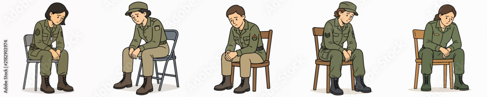 Obraz premium A set of vector illustrations of a female soldier slumped over, looking dejected due to numerous problems.