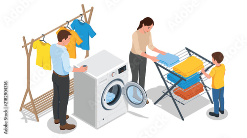 Family doing laundry with washing machine and drying rack