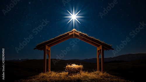 Starry Night Sky Over Rustic Wooden Nativity Scene