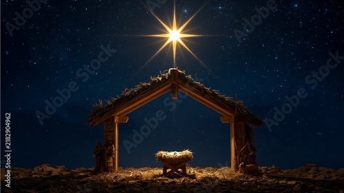 Christmas nativity scene with manger and bright star in night sky