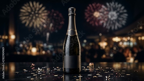 Celebratory Champagne Bottle with Fireworks Display at Night