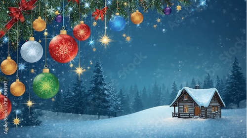 Christmas ornaments hanging on pine branches with a snowy cabin in a winter forest landscape