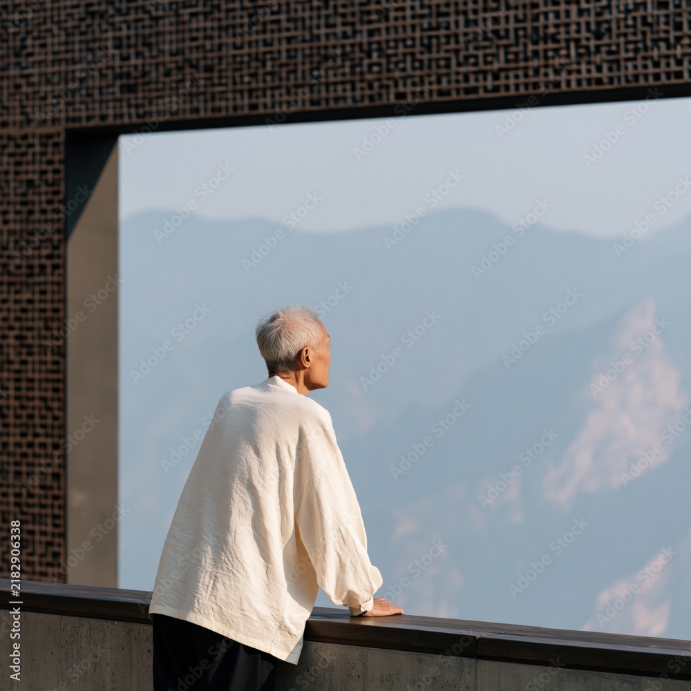 Obraz premium Senior person leaning on terrace railing overlooking mountain panorama for reflective travel background and wellness retreat poster