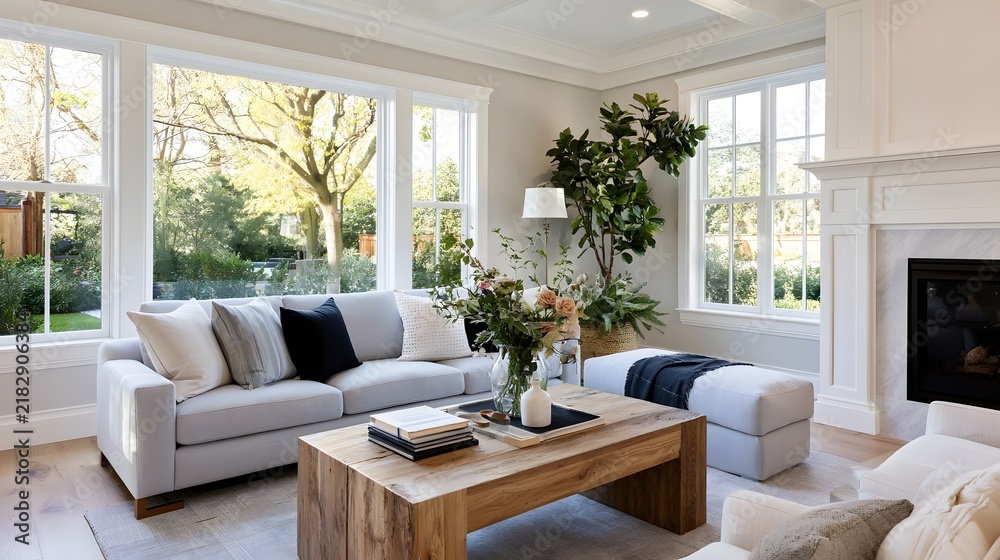 Obraz premium A bright airy living room with large a light gray sofa wooden coffee table and indoor plants