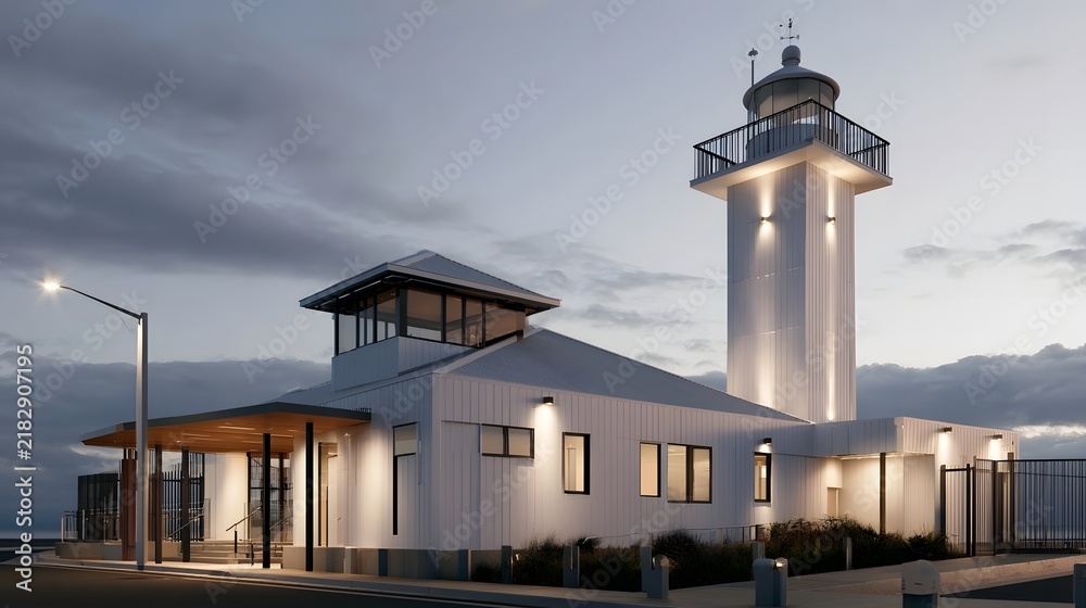 Obraz premium Modern lighthouse structure with illuminated tower and attached building under twilight sky