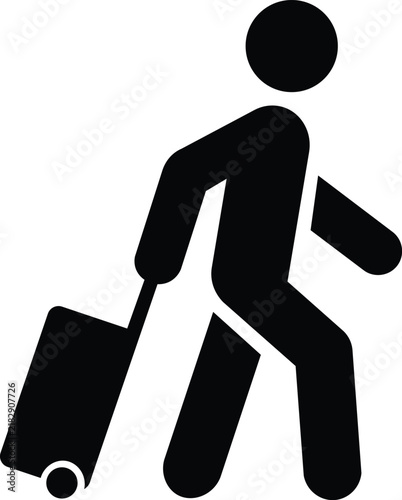 Icon of a person walking and pulling a suitcase, representing travel, tourism, or business trip