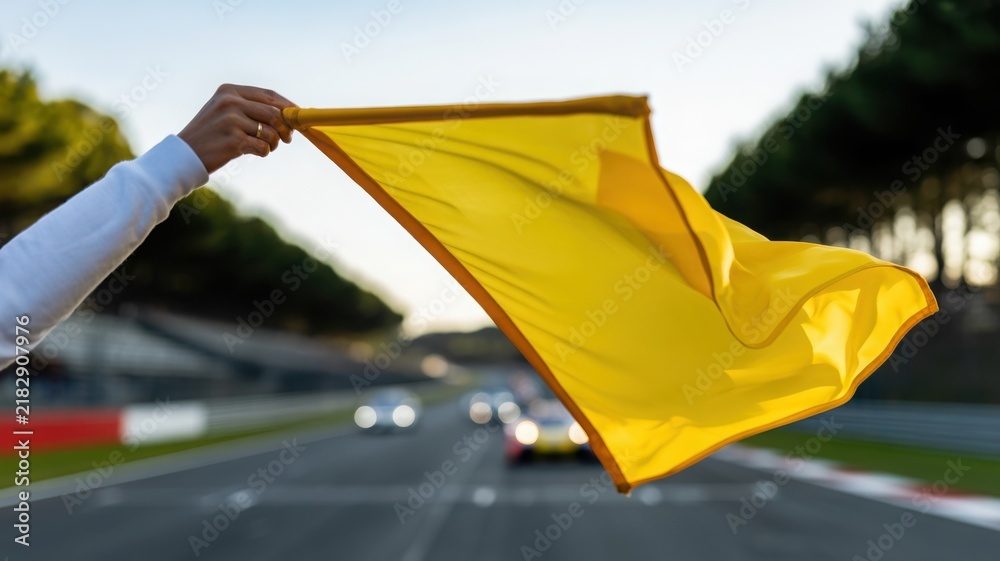 Fototapeta premium Hand holding yellow flag at race track.