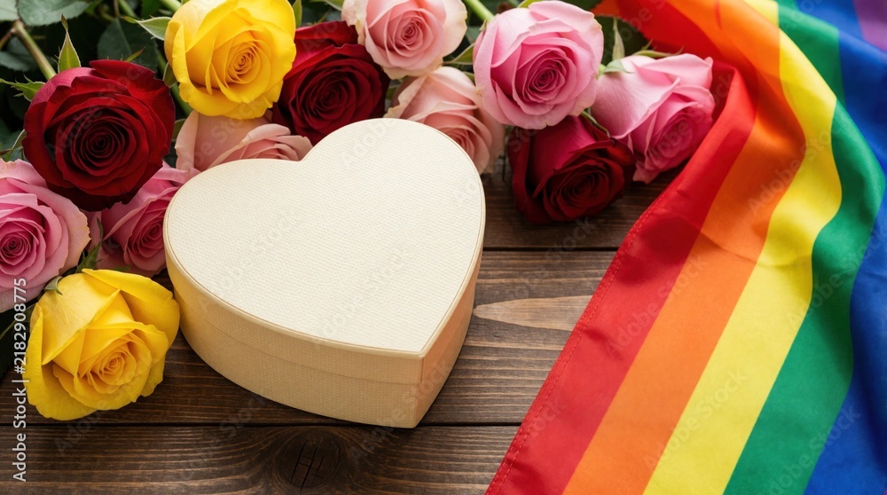 Obraz premium Heart shaped gift box sits on dark wooden table. Colorful roses, rainbow pride flag lie nearby. Romantic present with floral bouquet supports LGBT pride celebration wedding anniversary for queer