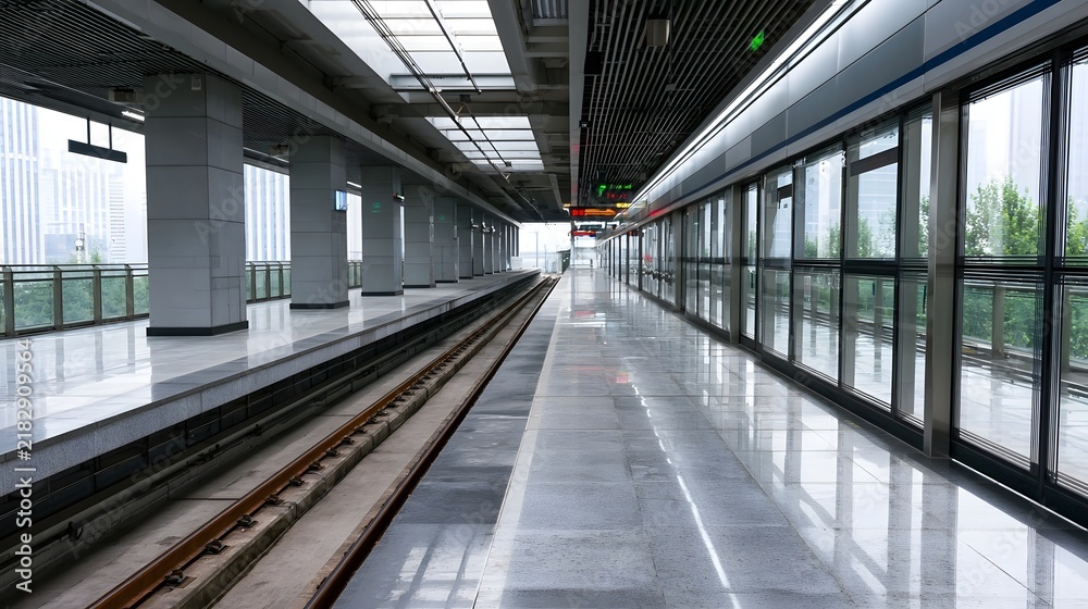 Obraz premium Modern elevated train station platform with glass barriers polished floors and visible tracks under diffused daylight