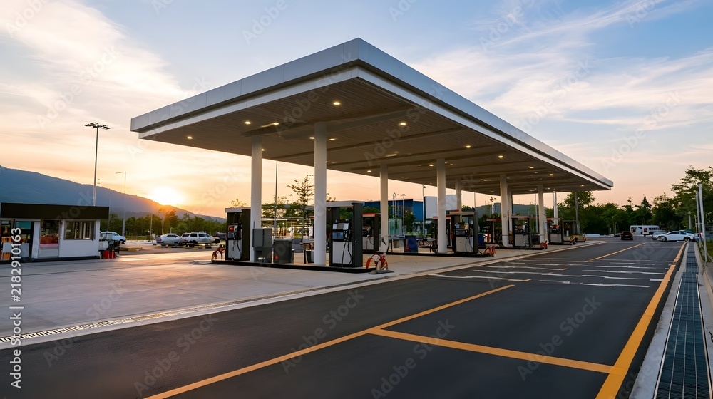 Obraz premium Modern gas station with wide canopy and empty fueling bays under soft golden sunset light with distant mountains