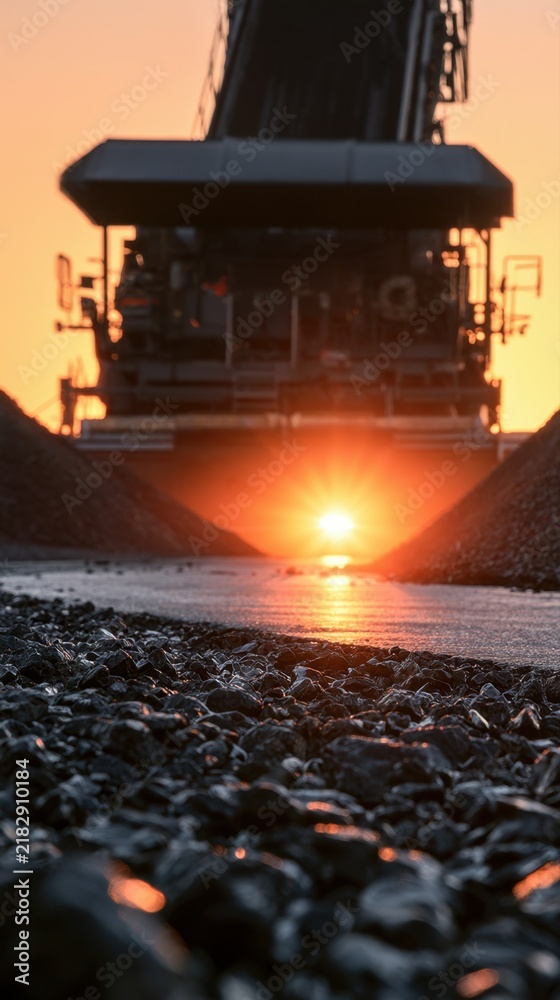 Fototapeta premium Industrial mining machinery silhouettes against a glowing sunset with rocky gravel foreground and warm golden light reflections