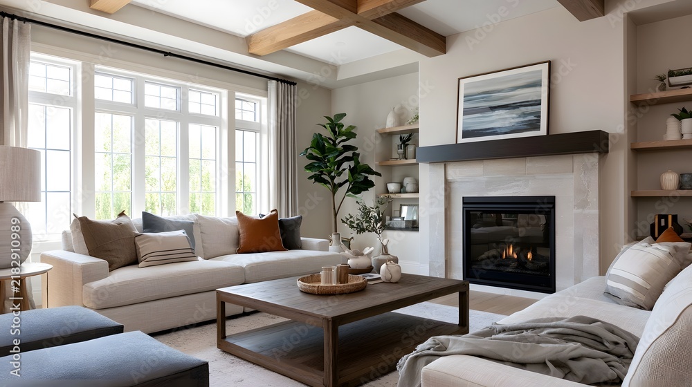 Fototapeta premium A modern living room with a fireplace large and neutral toned furniture under exposed wooden beams