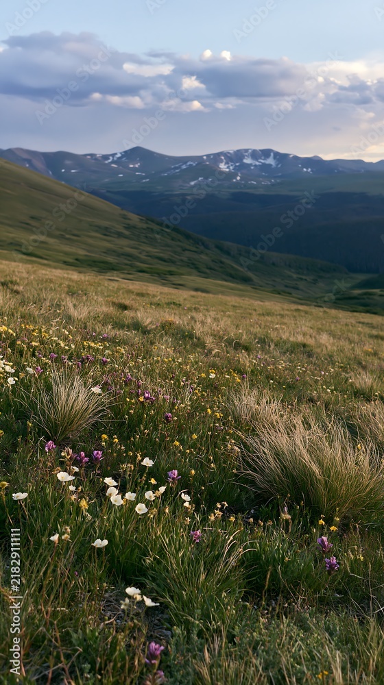 Fototapeta premium Meadow with wildflowers and mountains in the background at sunset