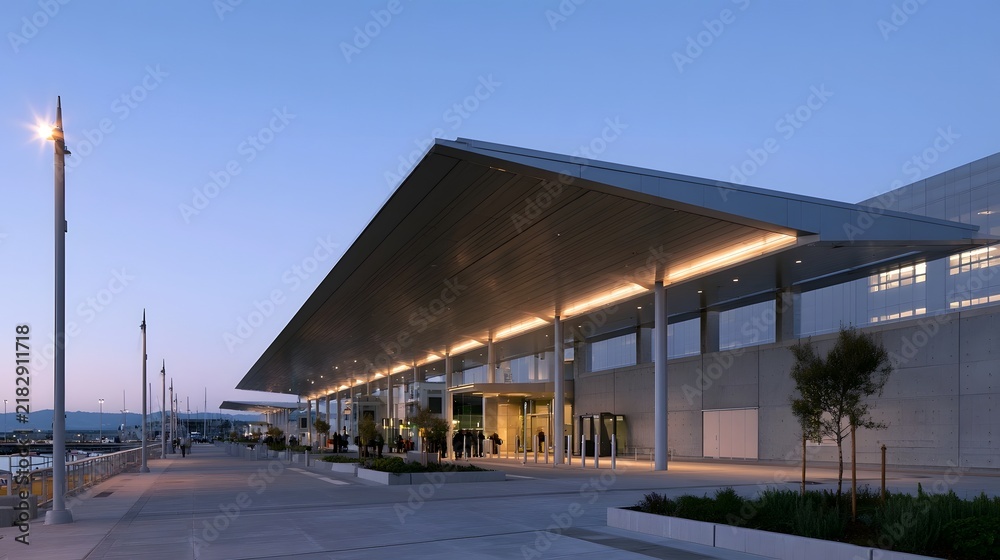 Obraz premium Modern waterfront terminal with expansive covered walkway illuminated columns and concrete facade under twilight sky