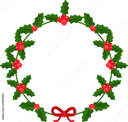 Christmas holly wreath vector, round festive plant decoration, traditional holiday circle