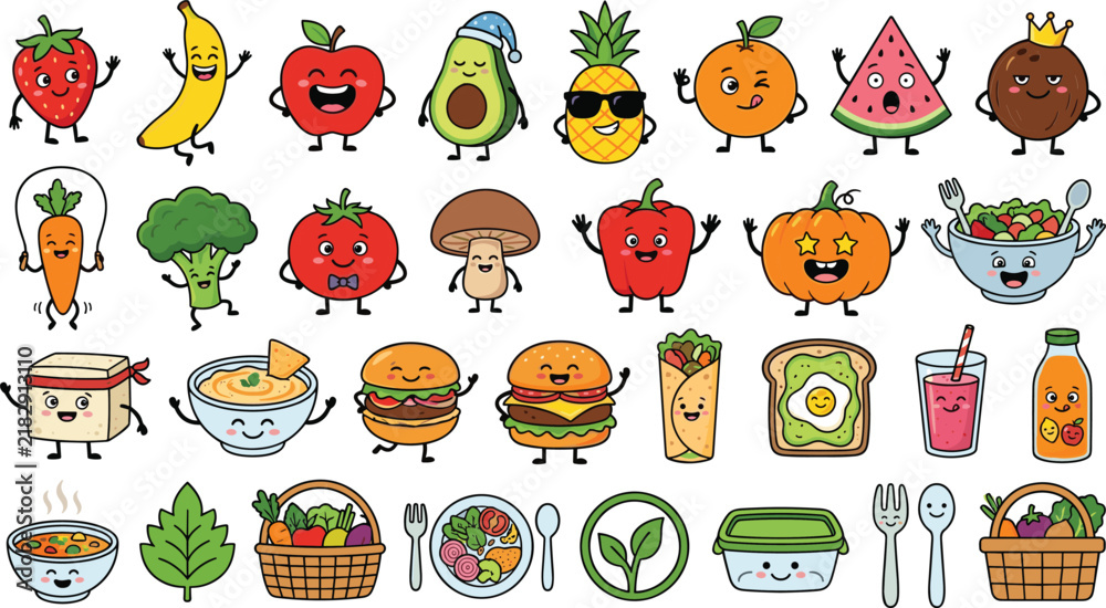 Obraz premium Cute kawaii food characters and healthy sticker vector set with smiling fruits vegetables fast food