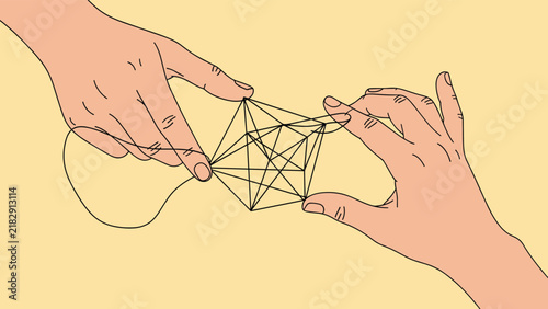 Close up view of hands playing the classic cats cradle string game creating intricate geometric string shapes.