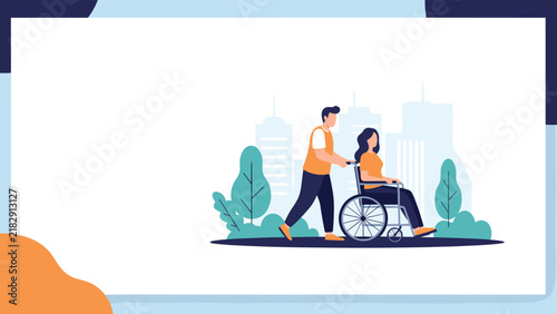 Caring social worker pushing a disabled young woman in a wheelchair through a beautiful green urban city park.