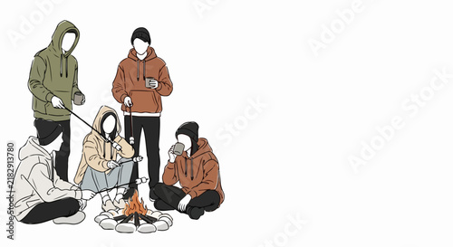 People sitting around campfire vector illustration