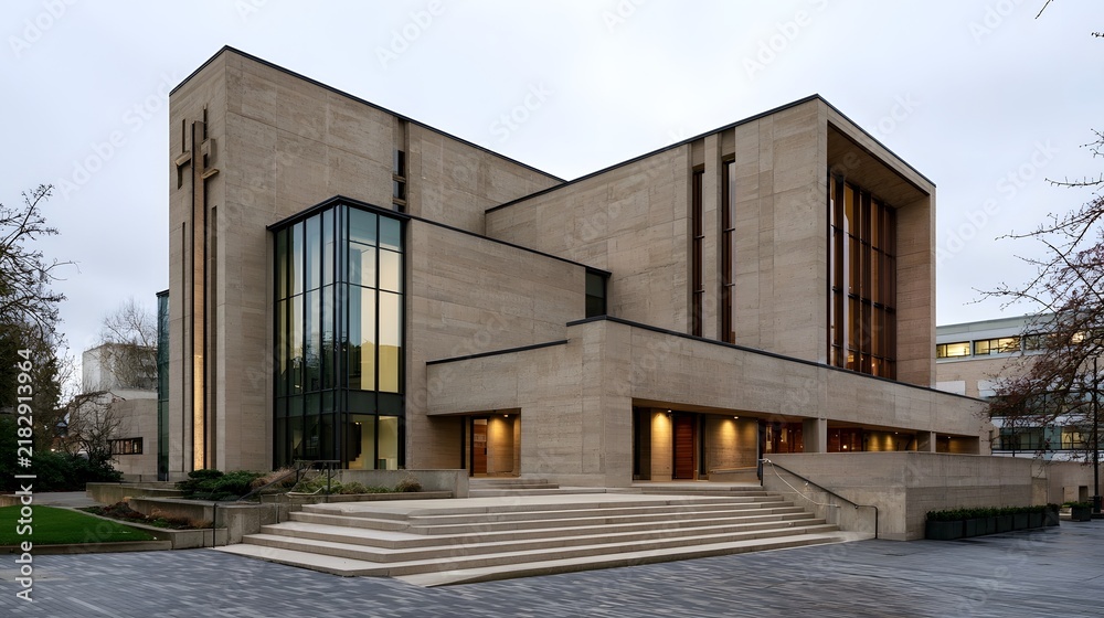 Obraz premium Modern church building with stone facade glass and wide stone steps under overcast sky
