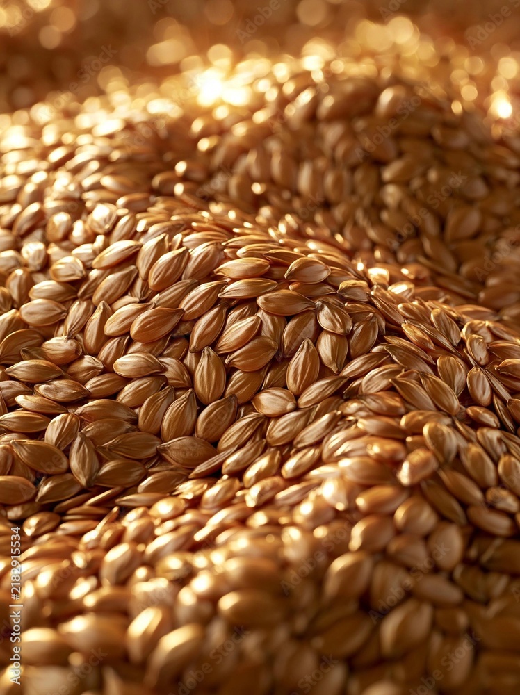 Obraz premium Close-up of a pile of small, round, golden-brown seeds. the seeds are arranged in a random, overlapping manner, creating a textured surface.