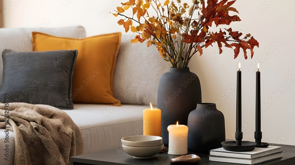 Obraz premium Cozy autumn interior with warm lighting seasonal foliage and minimalist decor on a modern sofa