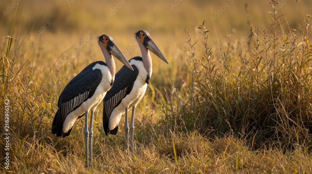 Fototapeta premium Two Greater Adjutant storks stand in dry grassy field at golden hour. Large birds with long beaks have dark gray wings and white bodies, looking right. Wild nature scene.
