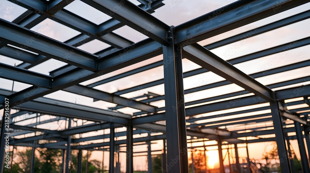 Obraz premium Steel framework structure with intersecting beams and columns under soft golden hour lighting showcasing industrial construction geometry