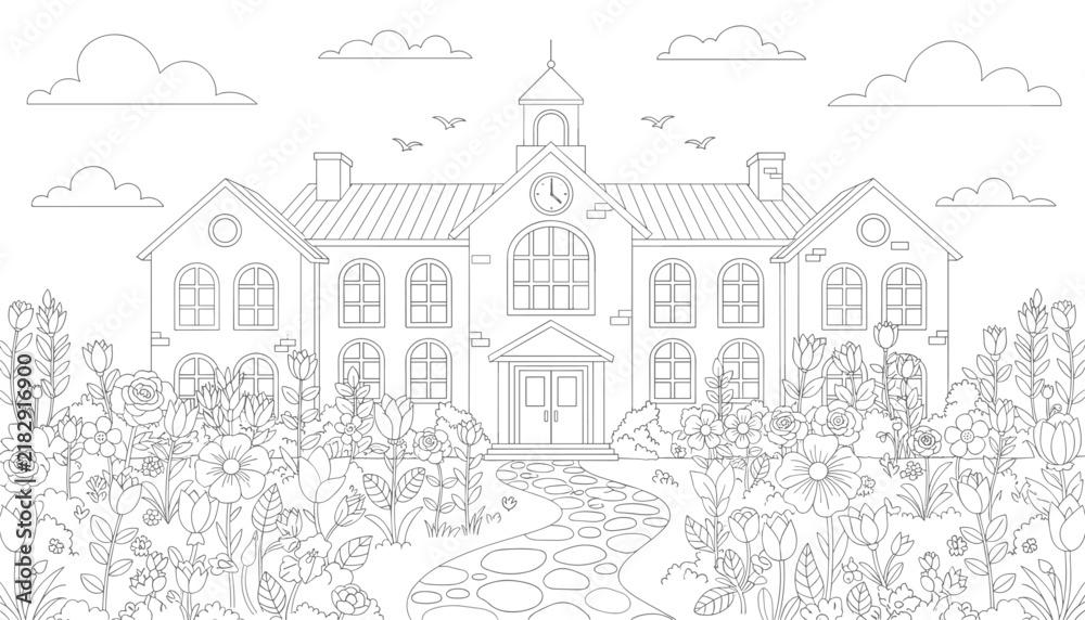 Naklejka premium Beautiful large school building facade with a stone pathway and a lush flower garden in detailed line art style.