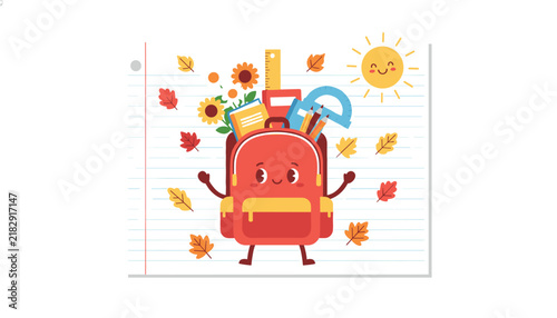 Cute anthropomorphic school backpack character standing on a notebook page with falling autumn leaves and sun.