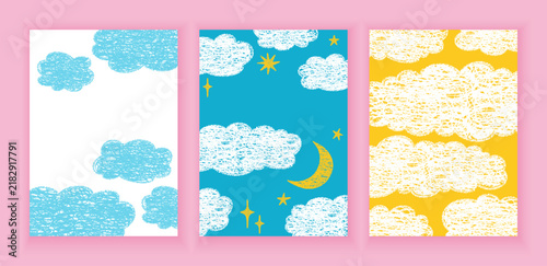Crayon chalk cloud poster template set. Fluffy sky shapes with pastel texture naive childlike scribble style. Blank adorable designs for kids room, baby and school background. Space for text template