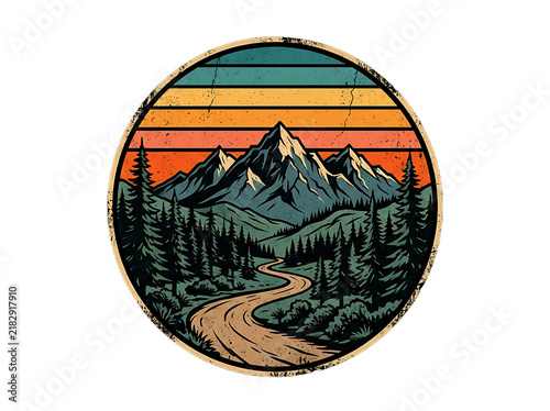 Vintage style circular badge featuring a mountain landscape with a winding road isolated on transparent background