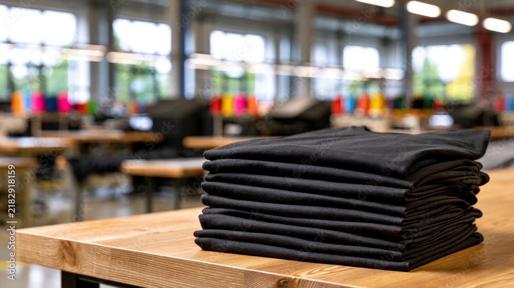 © Daria - Neatly folded stack of black fabric shirts resting on a wooden table inside a brightly lit garment manufacturing factory environment © Daria - Neatly folded stack of black fabric shirts resting on a wooden table inside a brightly lit garment manufacturing factory environment