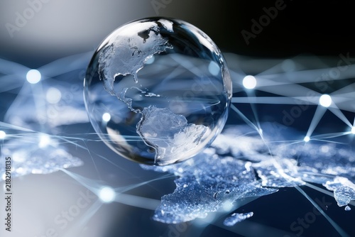 Transparent globe focusing on the Americas with digital light connections symbolizing global networking and interconnected technology systems