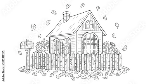 Cozy cottage coloring page shows a small wooden house with a fence, a classic mailbox, and swirling autumn leaves.