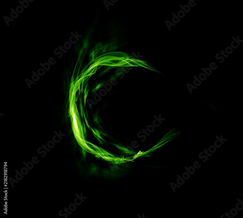 Curved glowing green light stroke isolated on black background with light trail curved line abstract light neon arc light effect motion blur energy beam light flow