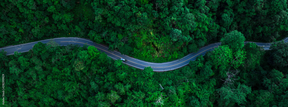 Obraz premium Aerial forest road with car creating abstract background for electric vehicle, ESG, sustainability and green investment business concepts.