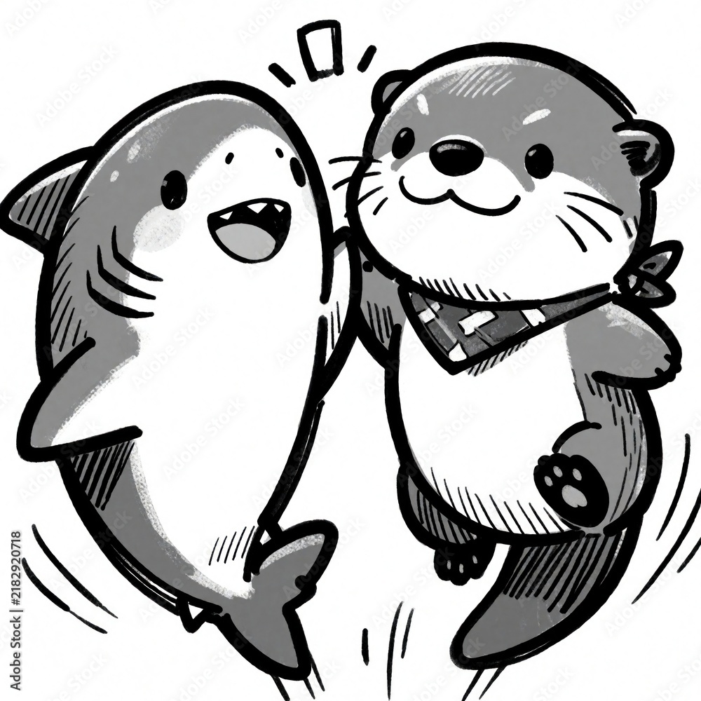 Fototapeta premium Cute and otter characters give high five. Animal friends celebrate success, teamwork, and partnership in cartoon style with line art elements.